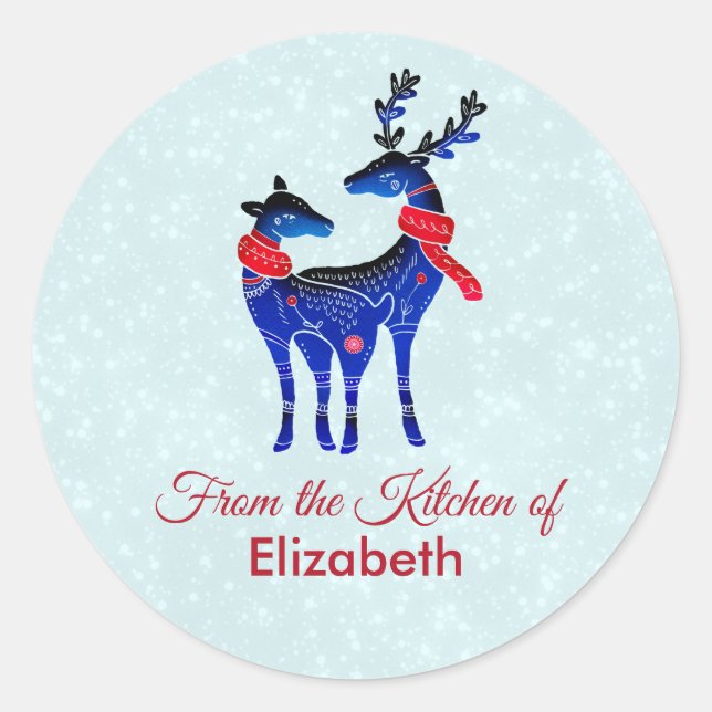 Blue Nordic Christmas Reindeer Pair Kitchen Classic Round Sticker (Front)