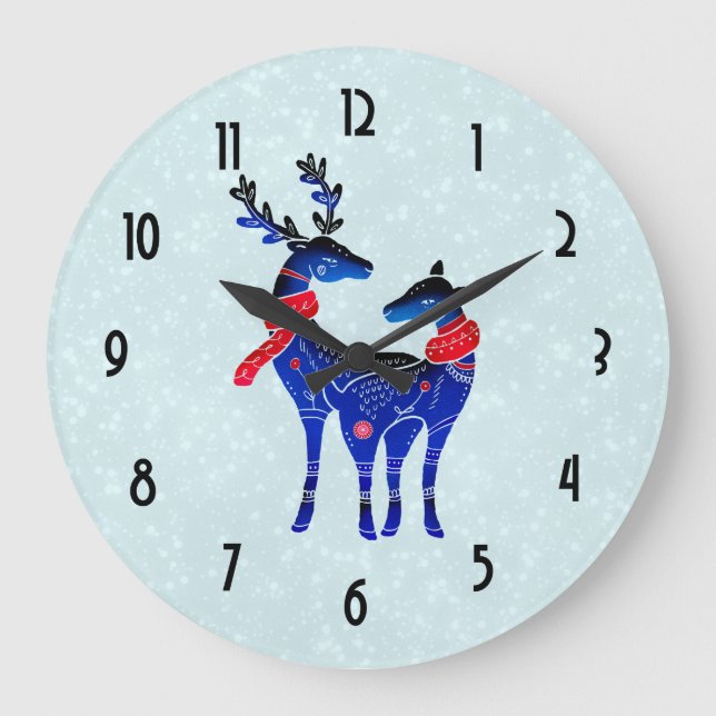 Blue Nordic Christmas Reindeer Pair Large Clock (Front)