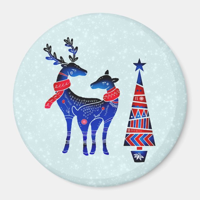 Blue Nordic Christmas Reindeer Pair Magnet (Front)