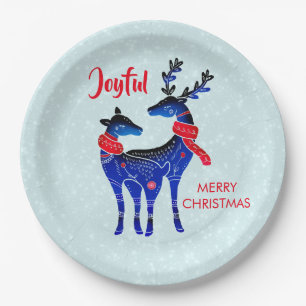 Blue Nordic Christmas Reindeer Pair Paper Plate