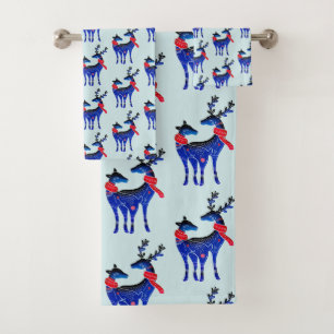 Blue Nordic Christmas Reindeer Pair Pattern Bath Towel Set