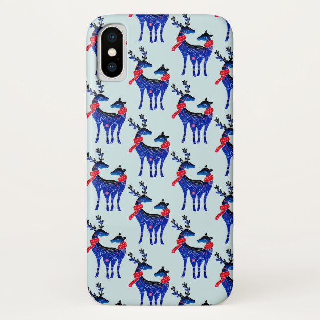 Blue Nordic Christmas Reindeer Pair Pattern Case-Mate iPhone Case (Back)