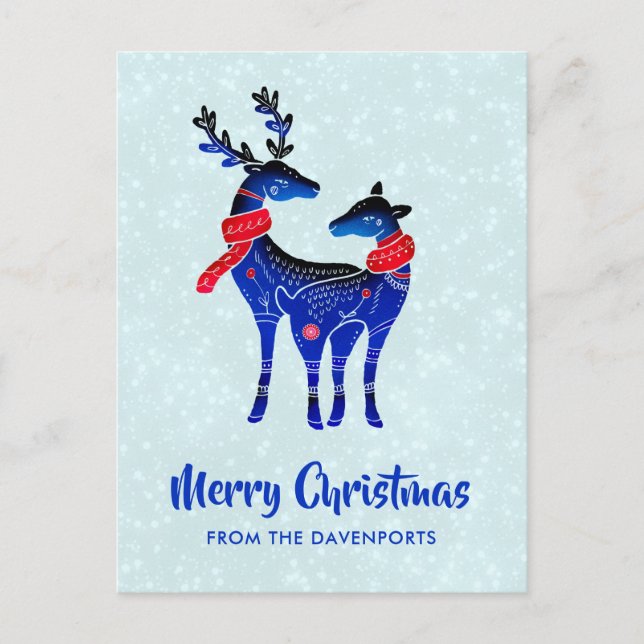 Blue Nordic Christmas Reindeer Pair Postcard (Front)
