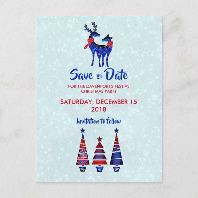 Blue Nordic Christmas Reindeer Pair Save The Date Postcard (Front)