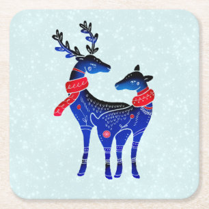 Blue Nordic Christmas Reindeer Pair Square Paper Coaster
