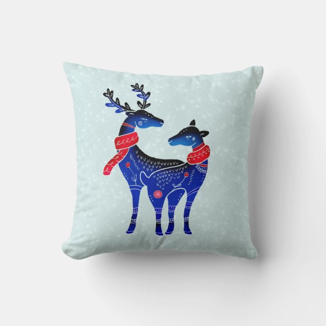 Blue Nordic Christmas Reindeer Pair Throw Pillow (Front)