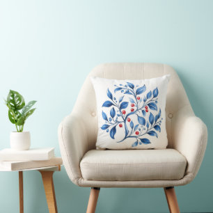 Blue Nordic Winter Berry Botanical Christmas Throw Pillow
