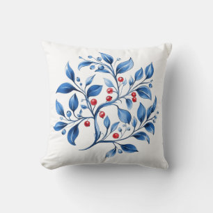 Blue Nordic Winter Berry Botanical Christmas Throw Pillow