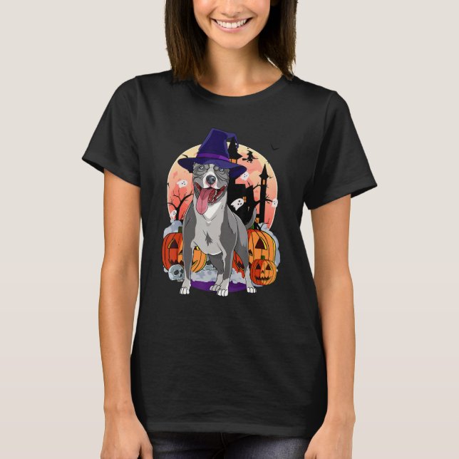 Blue Nose Pitbull Halloween Witch Pumpkin Pit Bull T-Shirt (Front)