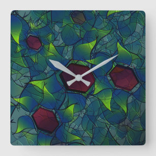Blue notched virtual petals, leafy and red hexagon square wall clock