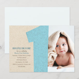 Blue Number One First Birthday Party Invitation