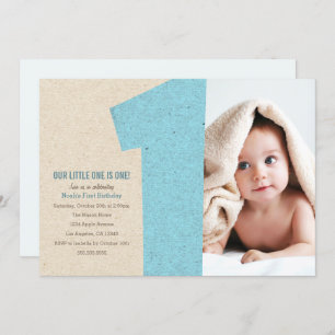 Blue Number One First Birthday Party Invite
