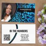 Blue Numbers on Black Custom Photo and QR Code Business Card<br><div class="desc">A blue and black numbers background on this design features a photo placeholder on the left with template name on the right. The back includes a coordinated design and colours with text fields for the business name and details. Replace the placeholder photo with your vertical format photograph and your link...</div>