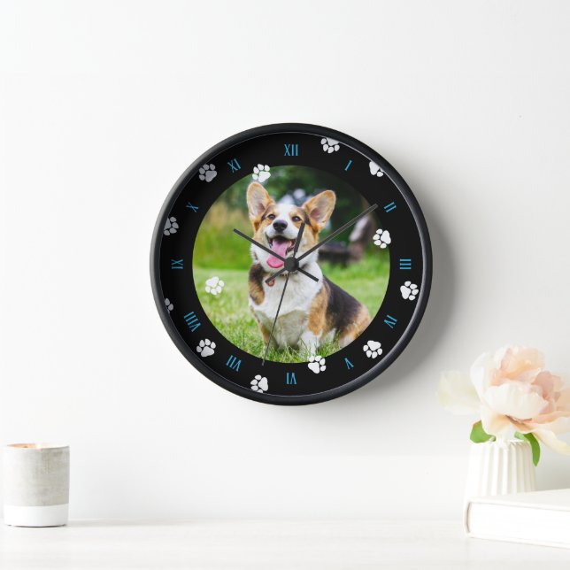 Blue Numbers White Paws Black Frame Dog Photo Clock (Home)