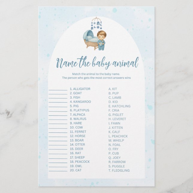 Blue Nursery Name the baby animal baby shower game (Front)