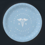 Blue Nursing School Graduation Party Plates<br><div class="desc">Custom printed plates for a nursing school graduation party. confetti surrounds a white caduceus symbol with "RN" and "Congratulations Graduate!" text. Perfect paper party plates for celebrating a new nurse!</div>