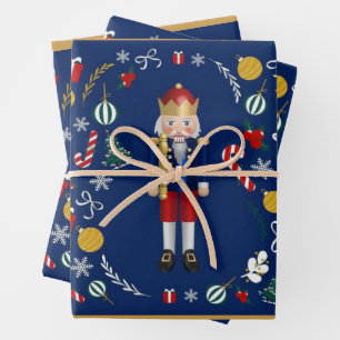 Blue Nutcracker Wrapping Paper Flat Sheet Set of 3