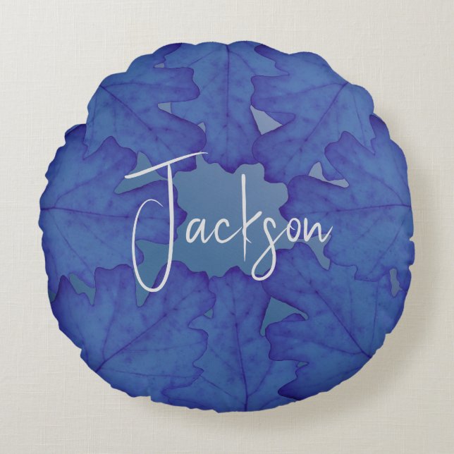 Blue Oak Leaf Personalized Round Pillow (Front)