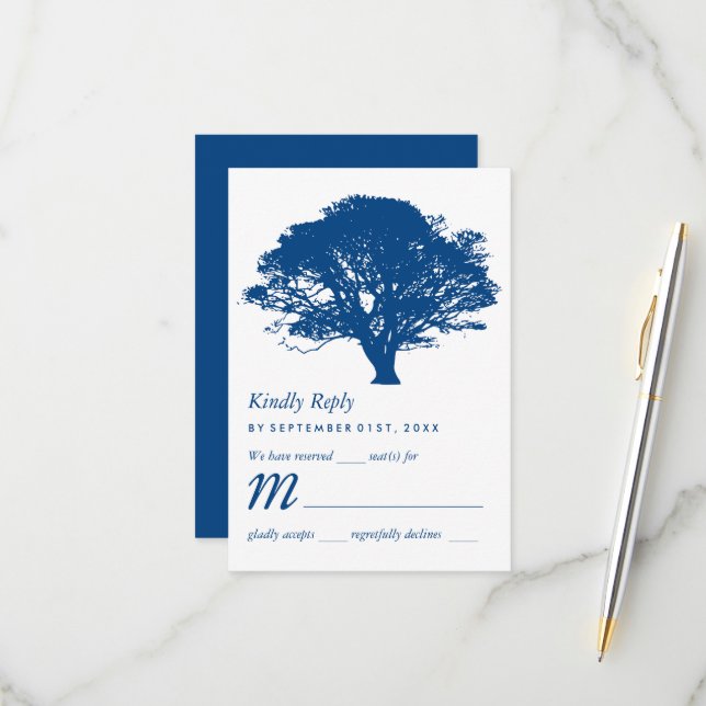 Blue Oak Tree, Rustic & Minimalistic Wedding RSVP Card (Front/Back In Situ)