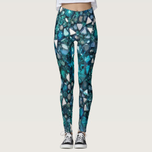Blue Ocean Beach Aqua Metallic Diamond Sparkly Leggings