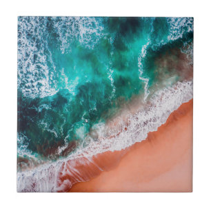 Blue ocean beach Monogram coastal sea ombre Tile