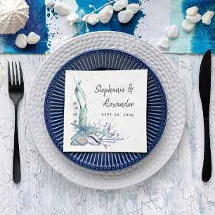 Blue Ocean Beach Seashells Watercolor Wedding Napkin