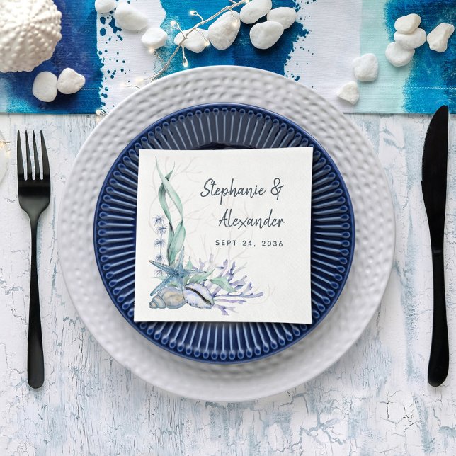 Blue Ocean Beach Seashells Watercolor Wedding Napkin (Creator Uploaded)