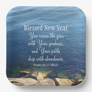 Blue Ocean Blessed New Year Christian Bible Verse Paper Plate
