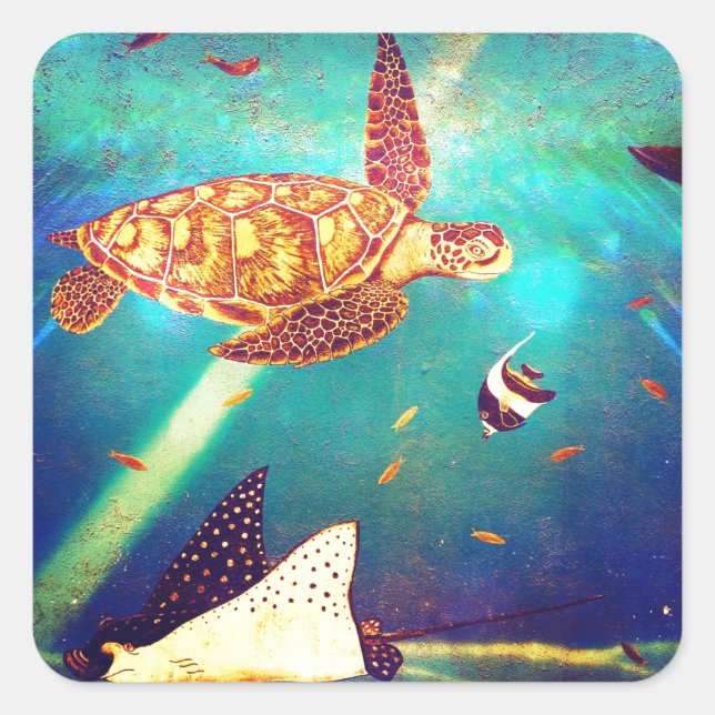 Blue Ocean Colourful Sea Turtle Painting Square Sticker (Front)