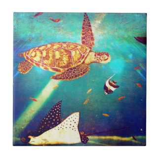 Blue Ocean Colourful Sea Turtle Painting Tile