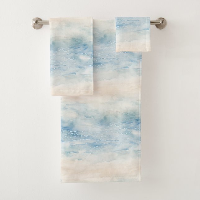 Blue Ocean Cream Sand Beach Bath Towel Set (Insitu)