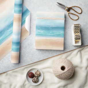 Blue Ocean Cream Sand Birthday Wrapping Paper