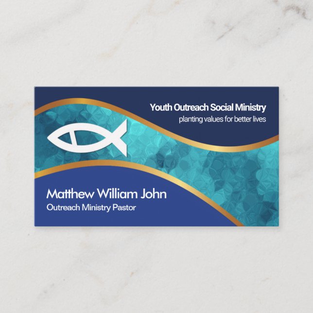 Blue Ocean Gold Wave Ichthus Fish Church Ministry Business Card (Front)