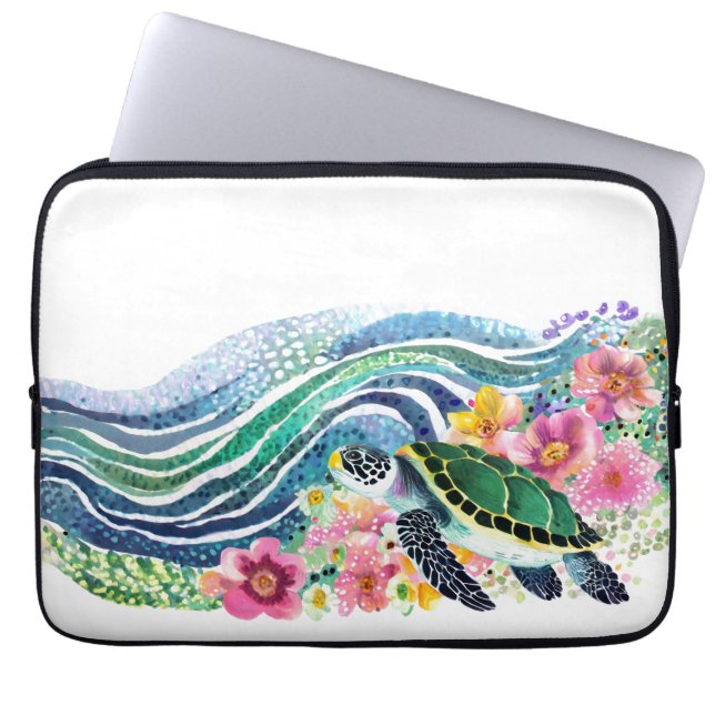 Blue Ocean & Happy Green Turtle Laptop Sleeve (Front)