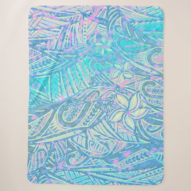 Blue Ocean - Hawaiian - Samoan - Polynesian Tribal Sherpa Blanket (Front)