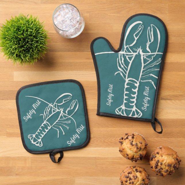 Blue Ocean Lobster Kitchen Mitt and Potholder Comb Oven Mitt & Pot Holder Set (Top Down)