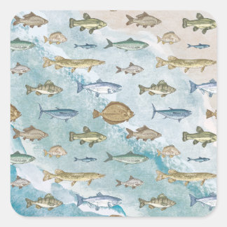 Blue Ocean Nautical Seascape Fishes Square Sticker