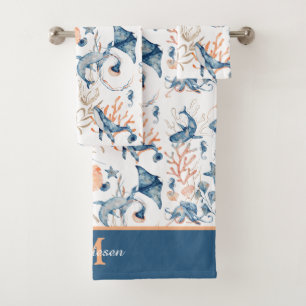 Blue Ocean Pattern Monogram Bath Towel Set