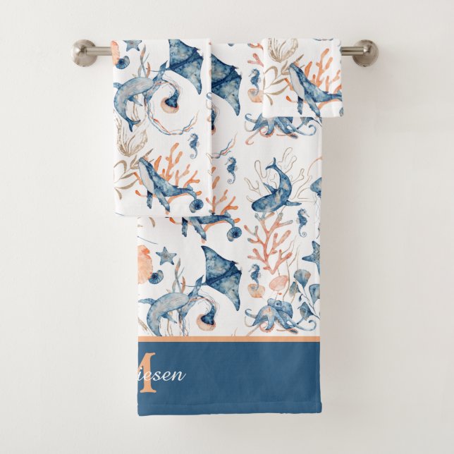 Blue Ocean Pattern Monogram Bath Towel Set (Insitu)