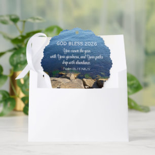 Blue Ocean Photo Blessed New Year 2026 Christian Ornament Card