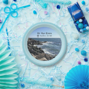 Blue Ocean Photo He Has Risen Easter Bible Verse  Paper Plate
