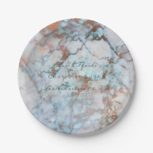 Blue Ocean Pink Brush Rose Gold Marble Wedding Vip Paper Plate
