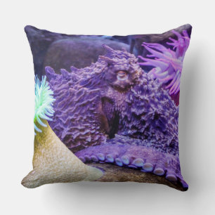 Blue ocean purple octopus coral throw pillow