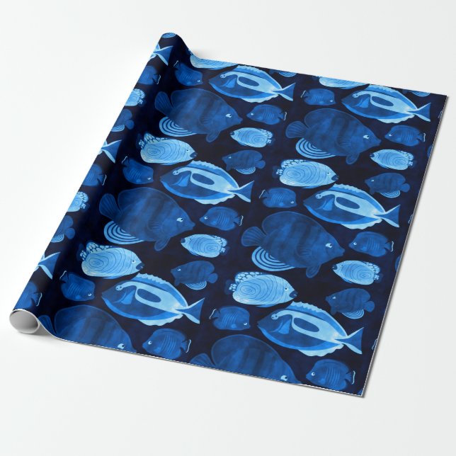 Blue Ocean Reef Fish Pattern Watercolor Wrapping Paper (Unrolled)