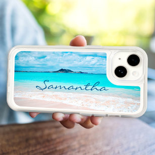 Blue Ocean, Sandy Beach Hawaii Photo Custom Name iPhone 15 Case