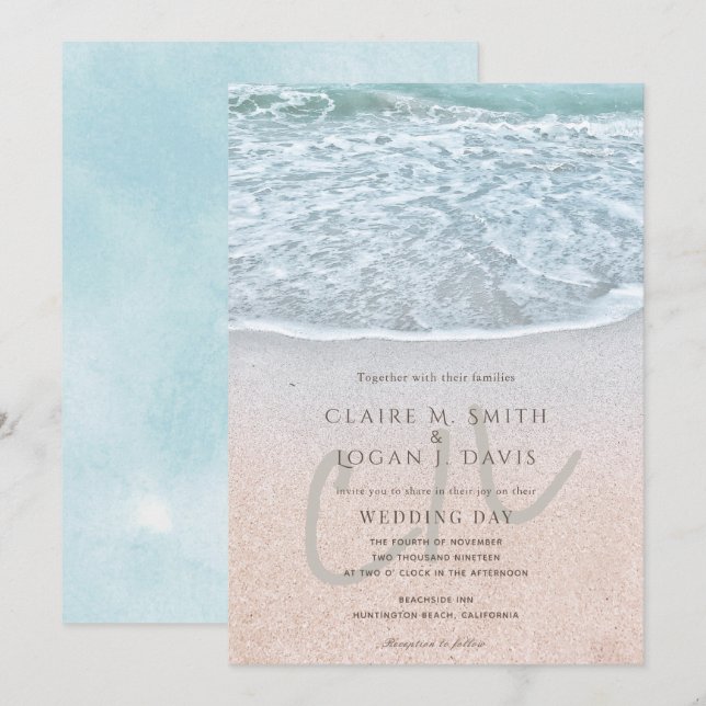 Blue Ocean & Sandy Beach Monogram Wedding Invitation (Front/Back)
