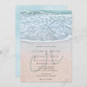 Blue Ocean & Sandy Beach Monogram Wedding Invitation