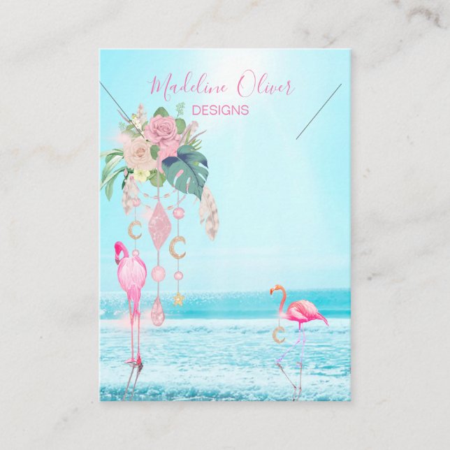 Blue Ocean Scene Flamingo Necklace Display Business Card (Front)