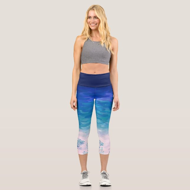 Blue Ocean Sea Beach Capri Leggings (Front)