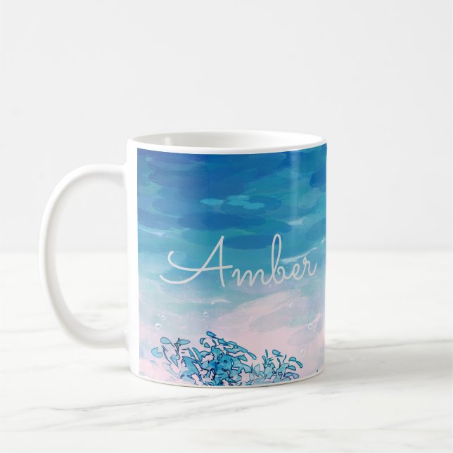 Blue Ocean Sea Beach Personalized Coffee Mug (Left)